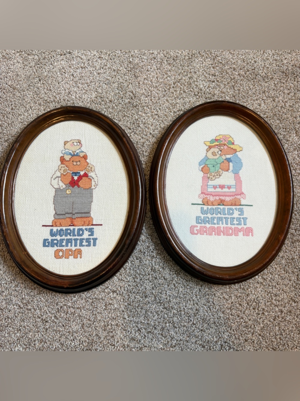 Vintage framed cross stitch needlepoint Grandma Opa Bears Cottage core Nostalgia